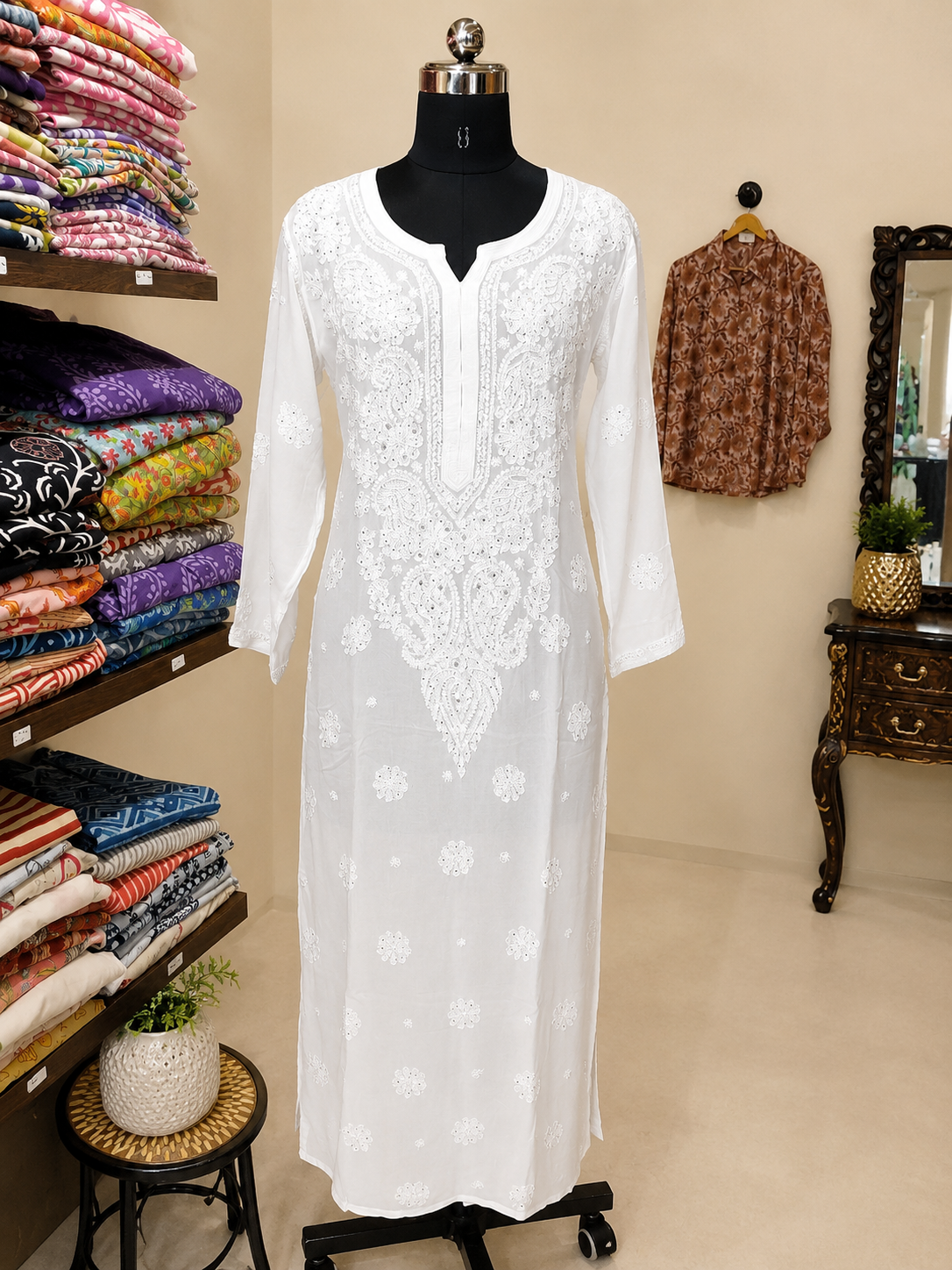 Pure Viscose White Chikankari Long Kurti