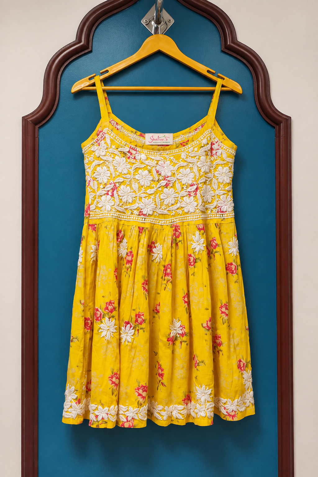 Mul Cotton Floral Print Noodle Strap Kurti with Chikankari