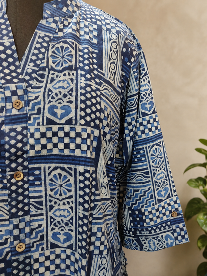 Pure Indigo Shirt Style Hand block Print One-Piece