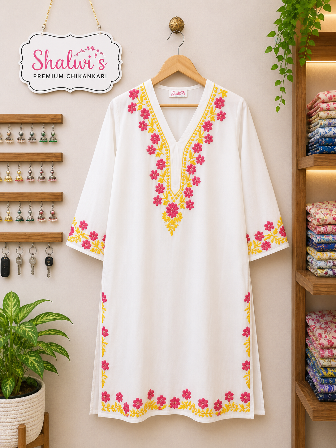 White Rayon Long Kurti with Dual-Thread Chikankari