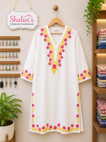 White Rayon Long Kurti with Dual-Thread Chikankari