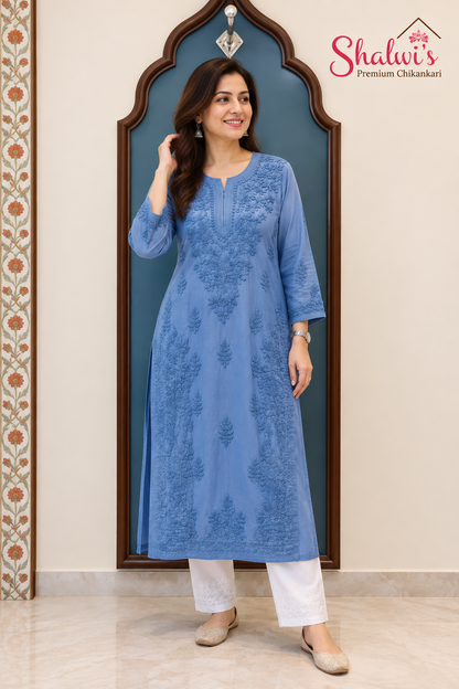 Pure Modal Satin Long Kurti with Detailed Chikankari Handwork