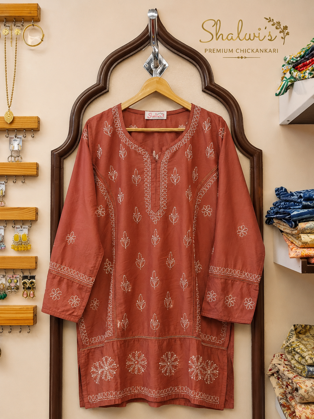 Chanderi Short Kurti with Bakhiya Chikankari