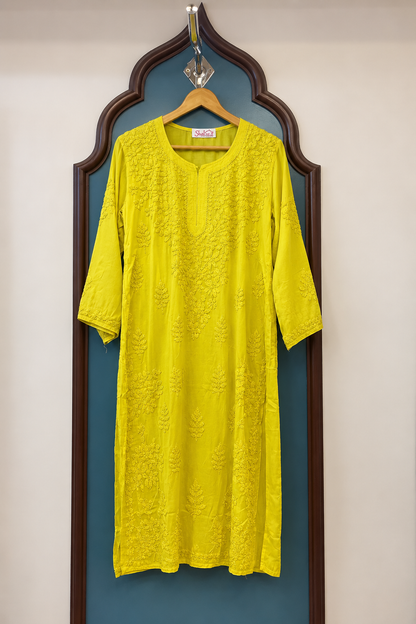 Pure Modal Satin Long Kurti with Detailed Chikankari Handwork