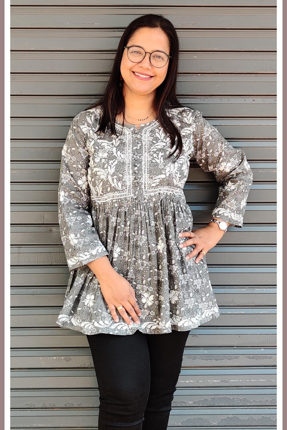 Grey Cotton Short Frock Style Kurta