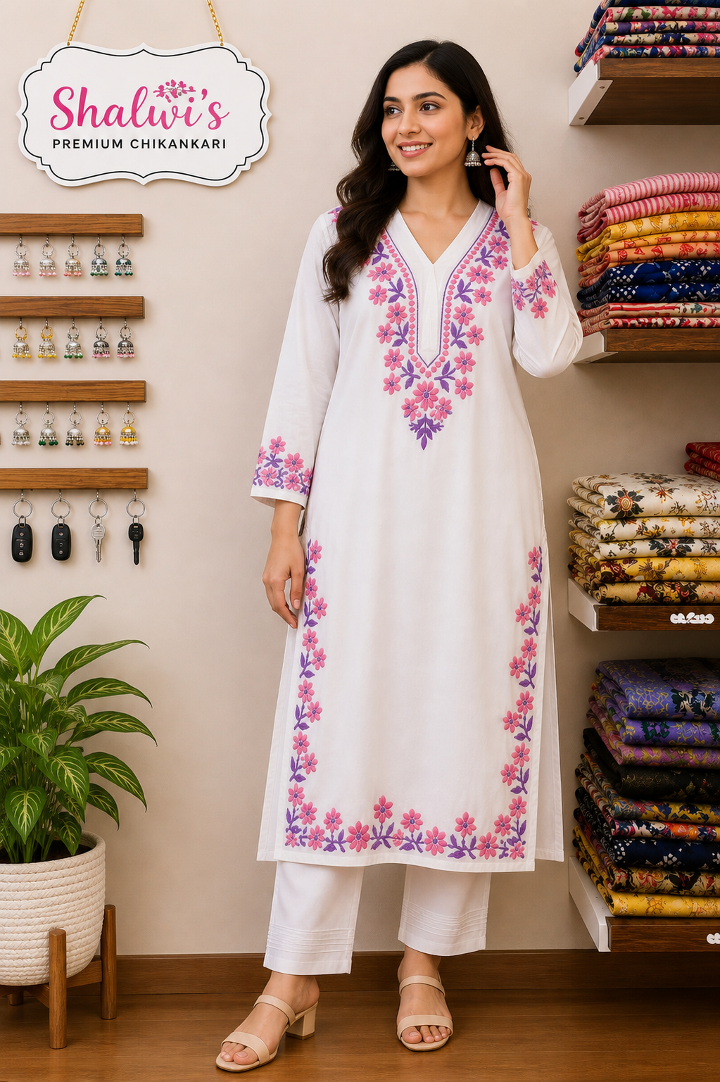 White Rayon Long Kurti with Dual-Thread Chikankari