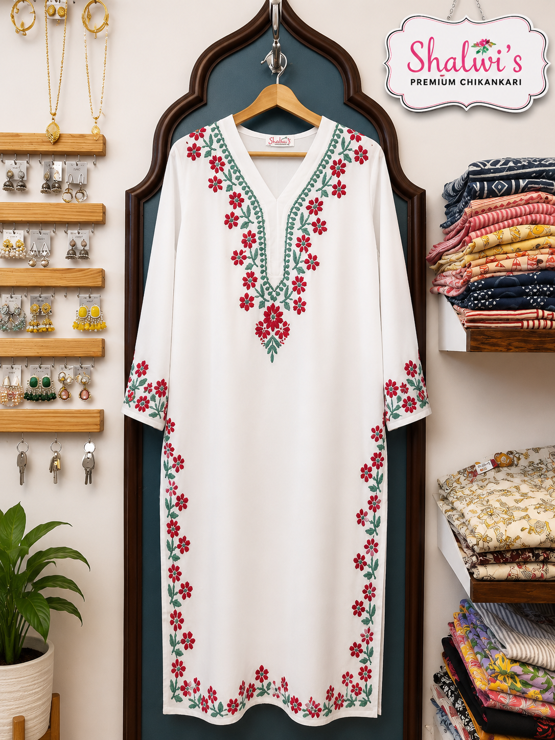 White Rayon Long Kurti with Dual-Thread Chikankari