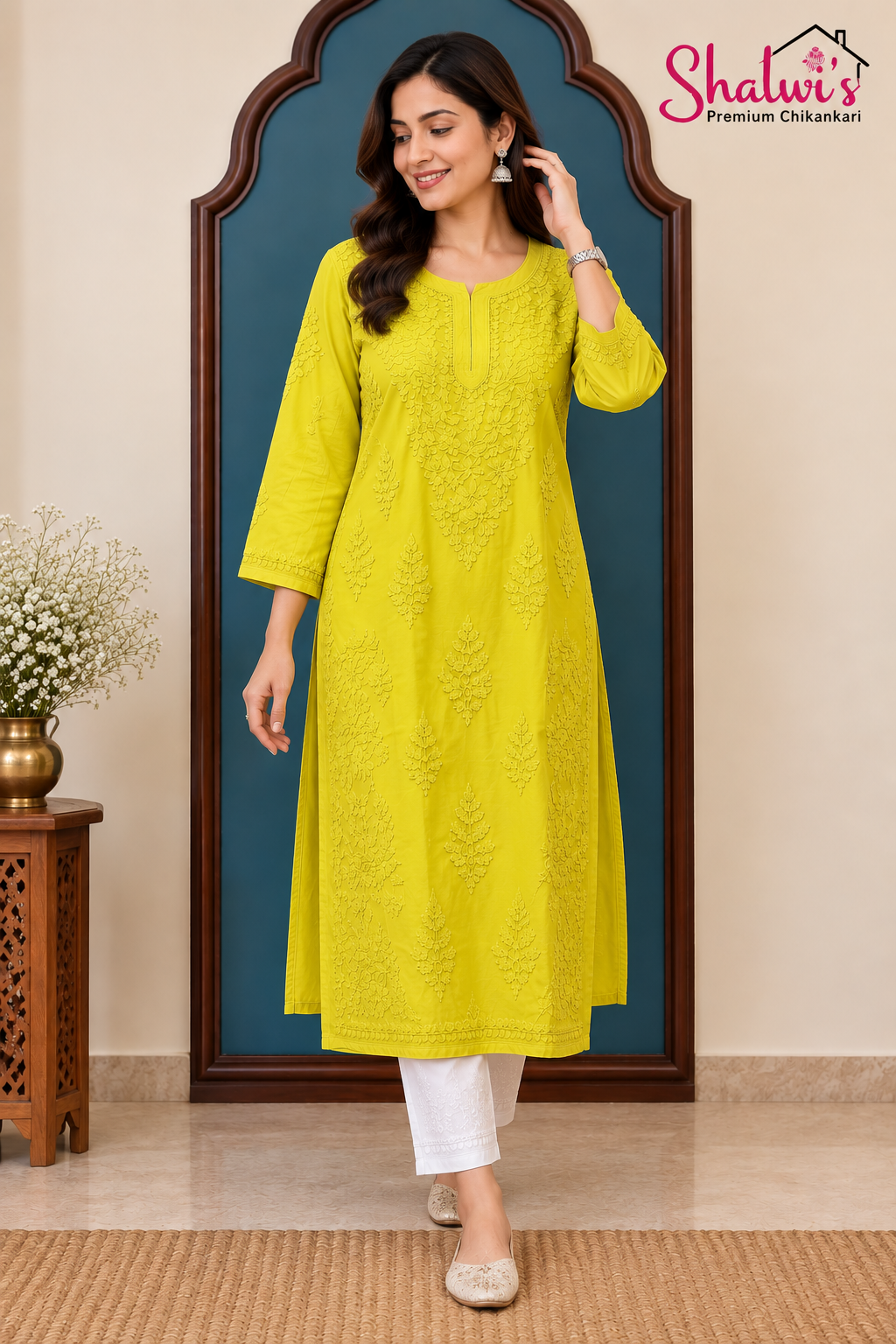 Pure Modal Satin Long Kurti with Detailed Chikankari Handwork