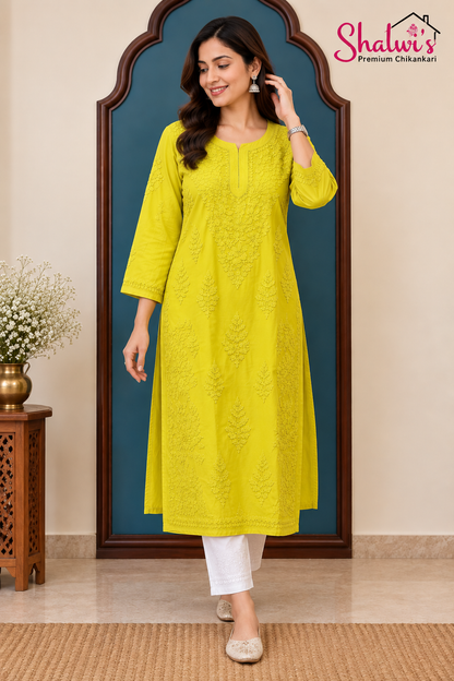 Pure Modal Satin Long Kurti with Detailed Chikankari Handwork