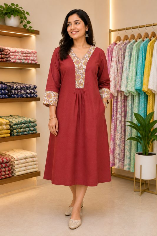 Pure Handblock Print Cotton A-Line One-Piece