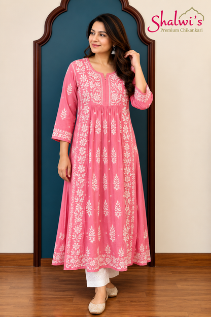 Pure Muslin Nyra Cut Kurtis with Chikankari 3D Hand work