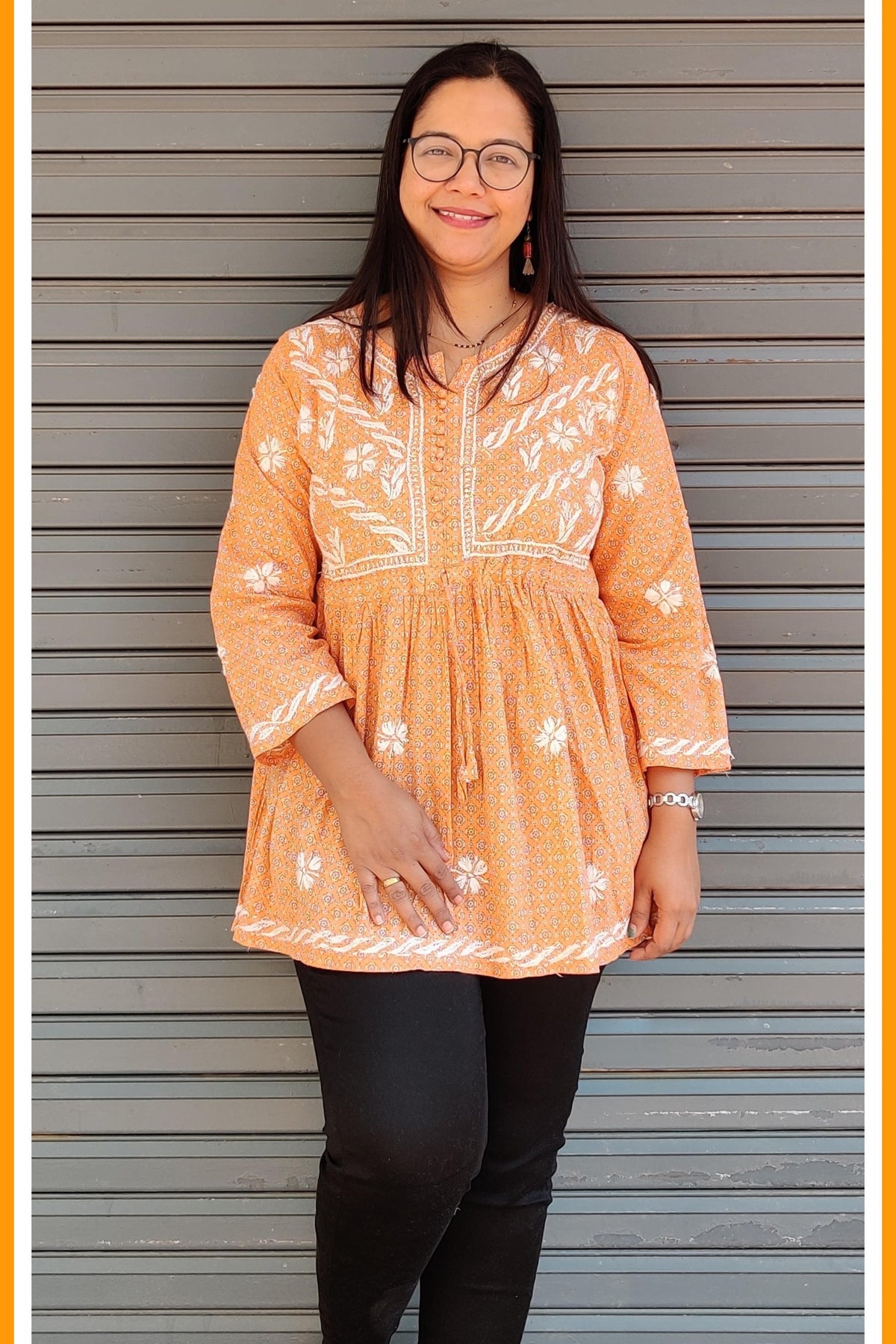 Orange Cotton Short Frock Style Kurta