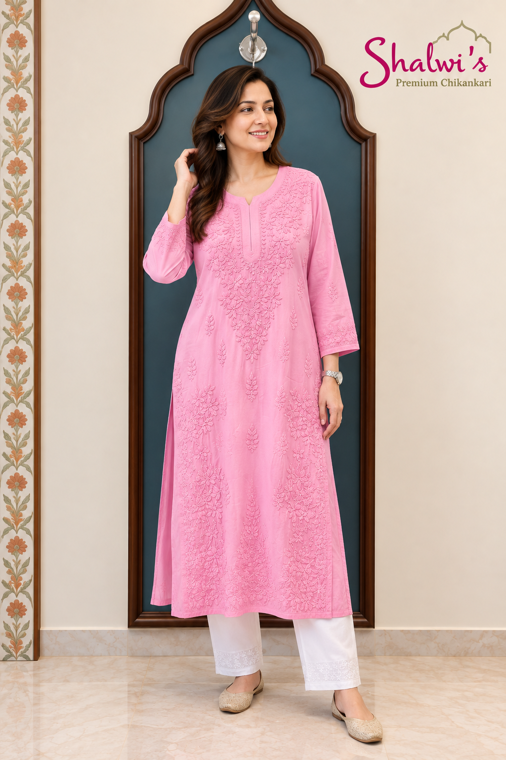Pure Modal Satin Long Kurti with Detailed Chikankari Handwork