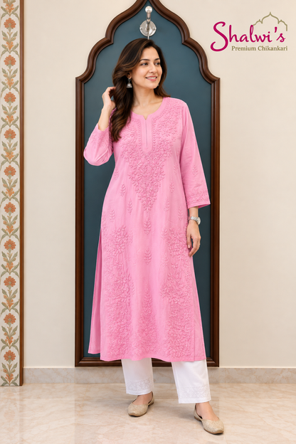 Pure Modal Satin Long Kurti with Detailed Chikankari Handwork