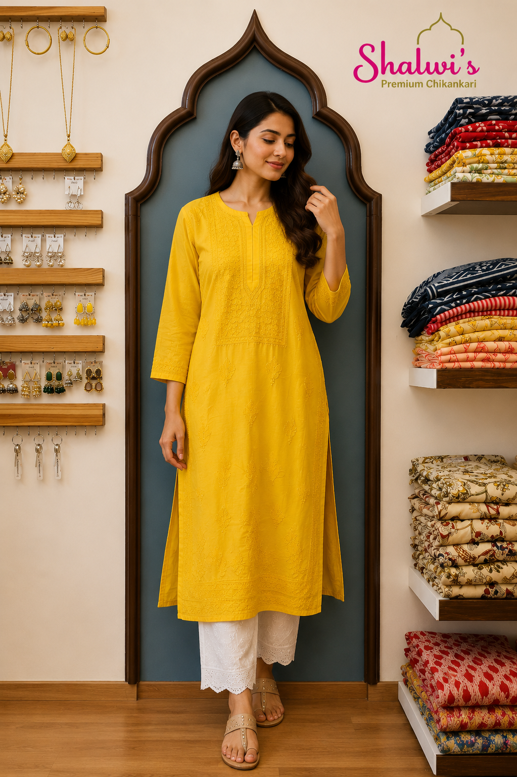 Pure Chanderi Long Kurti with Bakhiya Chikankari