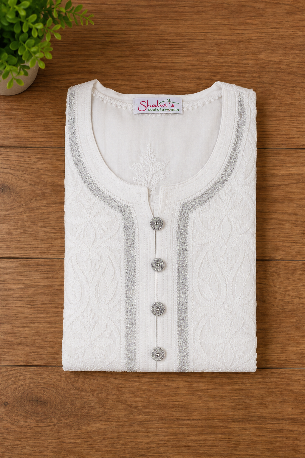 White Cotton Voile Long Kurti with Shadow Work