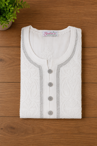 White Cotton Voile Long Kurti with Shadow Work