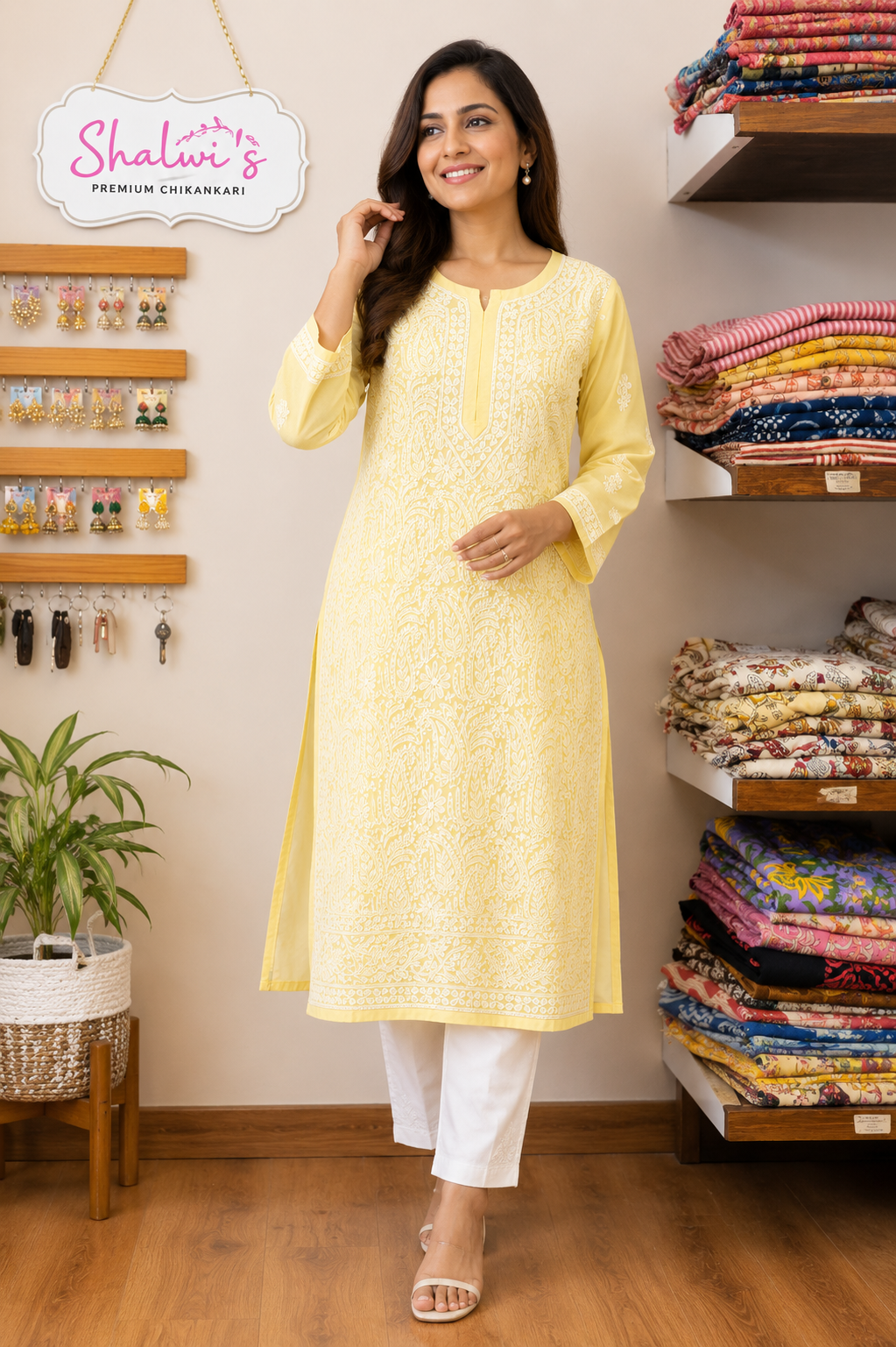 Cotton Voile Long Kurti with Chikankari Shadow Work