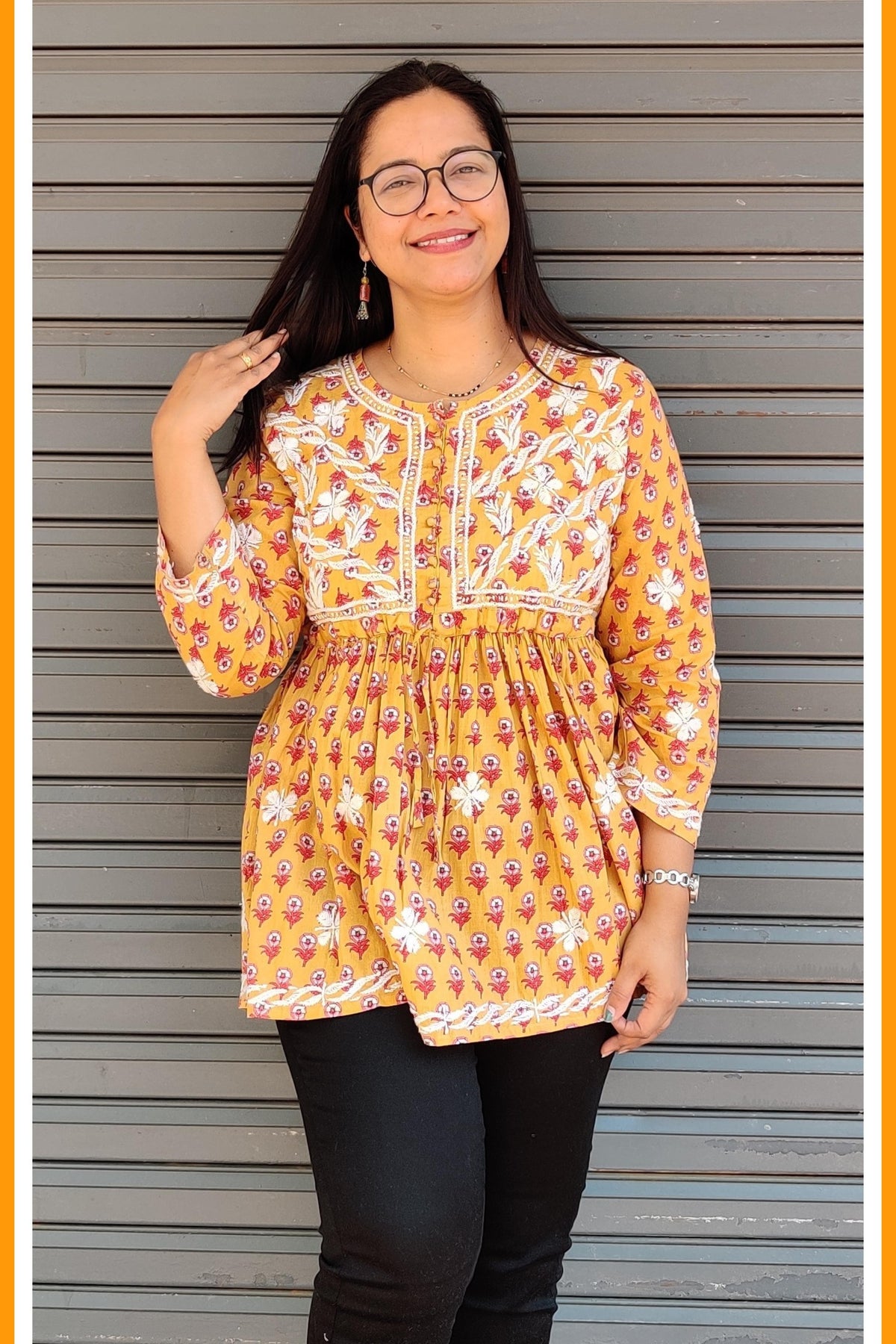 Yellow Cotton Short Frock Style Kurta