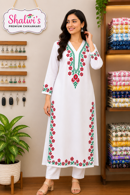 White Rayon Long Kurti with Dual-Thread Chikankari