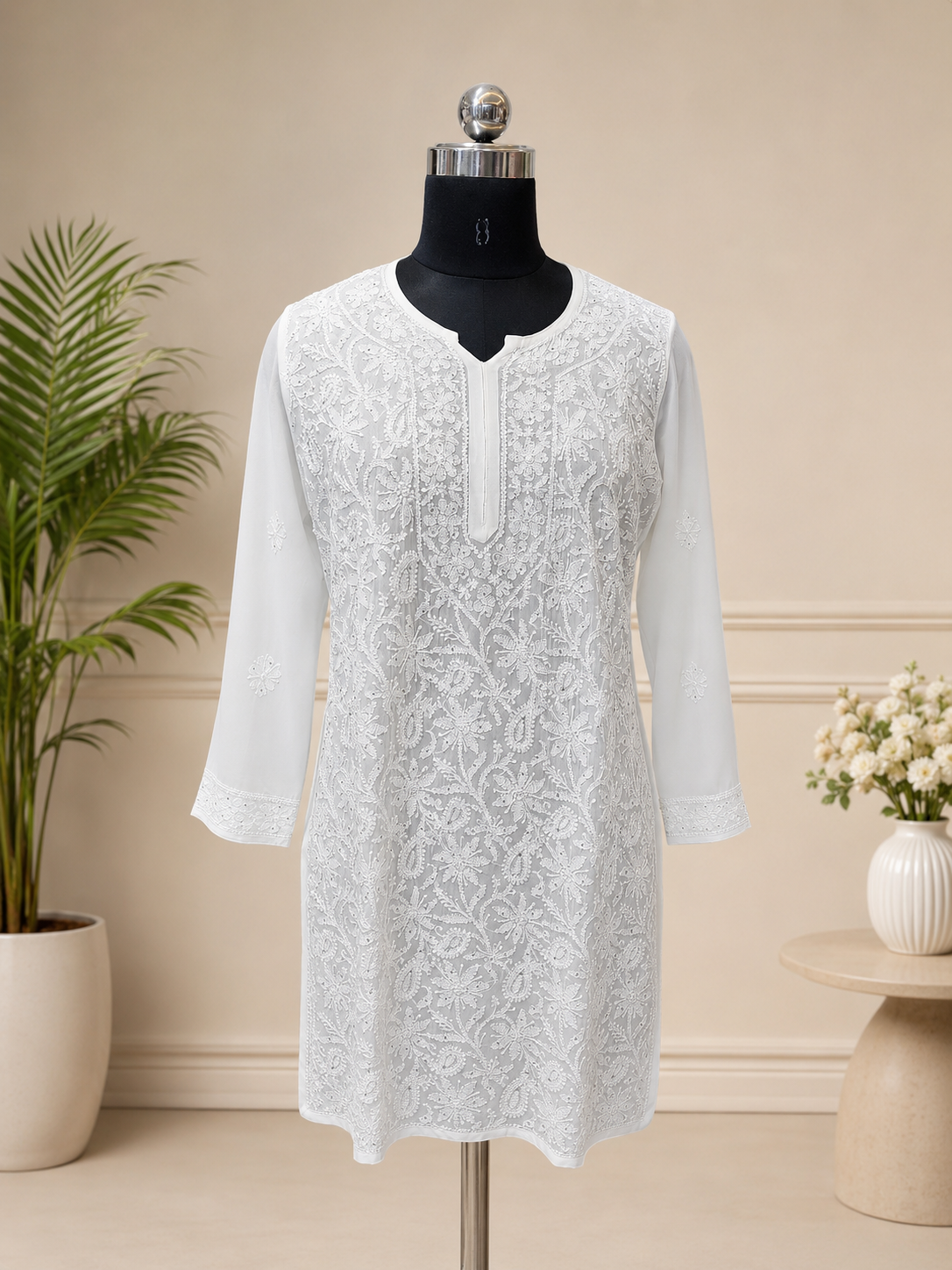 Pure Viscose White Chikankari Short Kurti