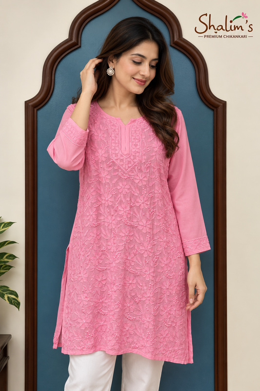 Pure Viscose Short Kurti with Intricate Resham Chikankari