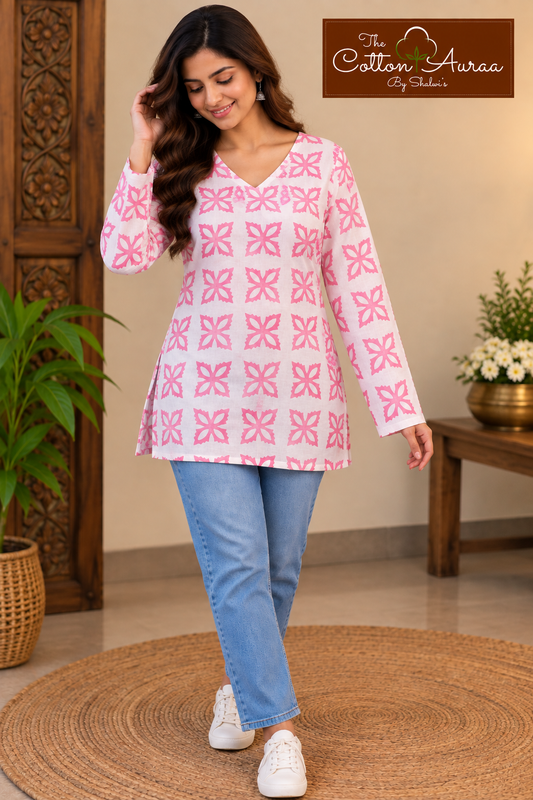 Pure Handblock Print Cotton V Neck Short Kurti