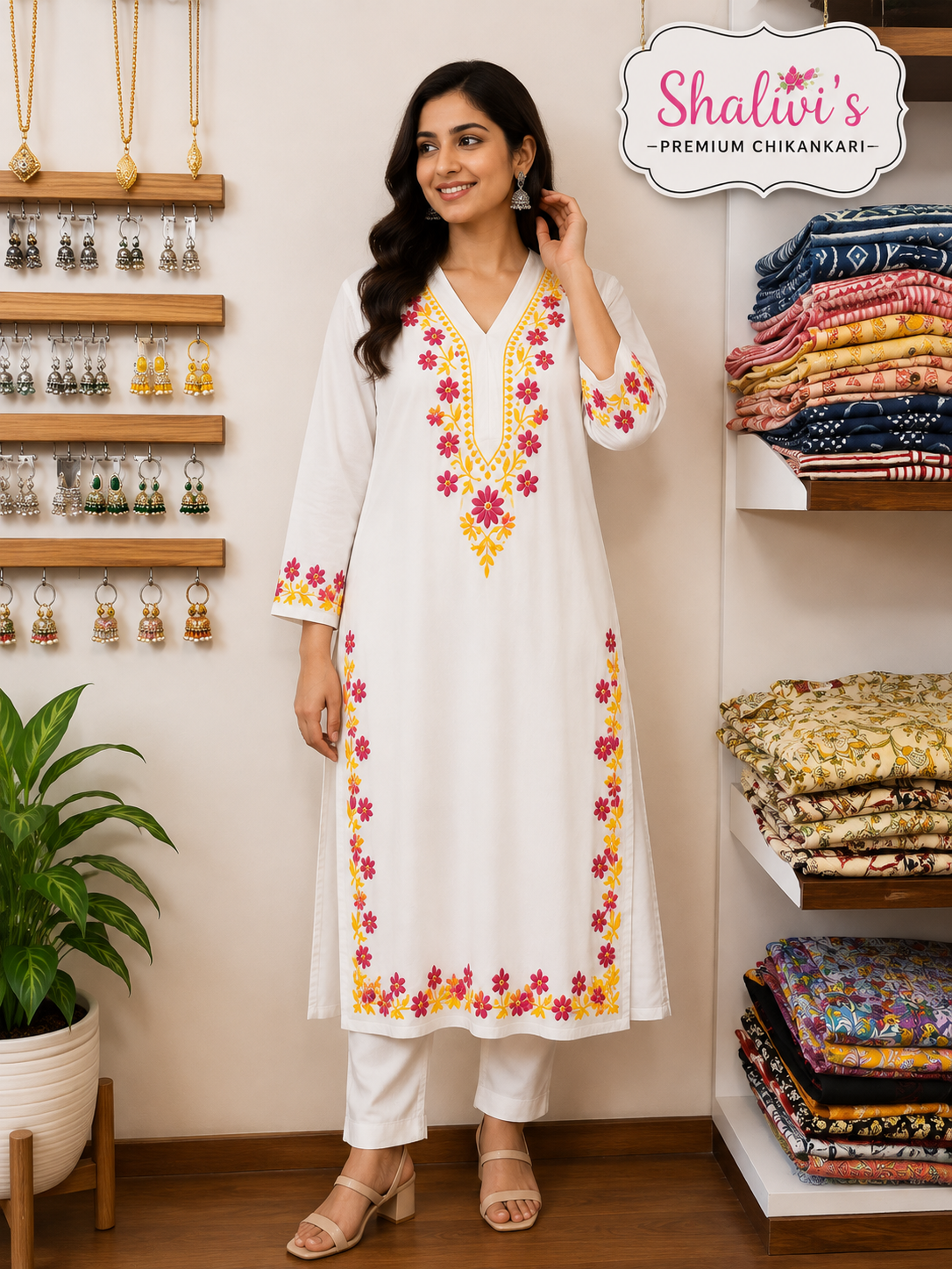 White Rayon Long Kurti with Dual-Thread Chikankari
