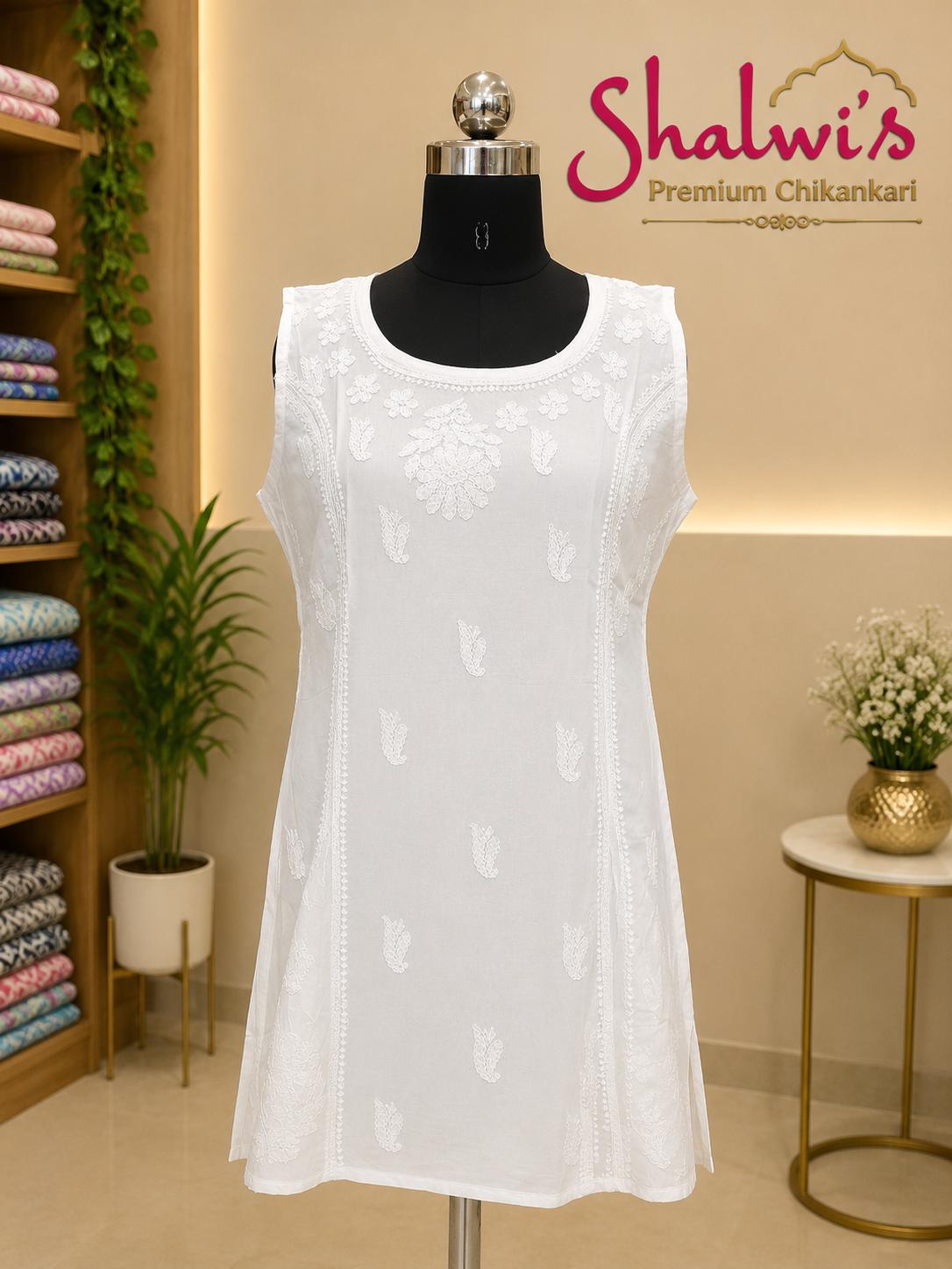 Pure Cotton Chikankari Sleeveless Short Kurti