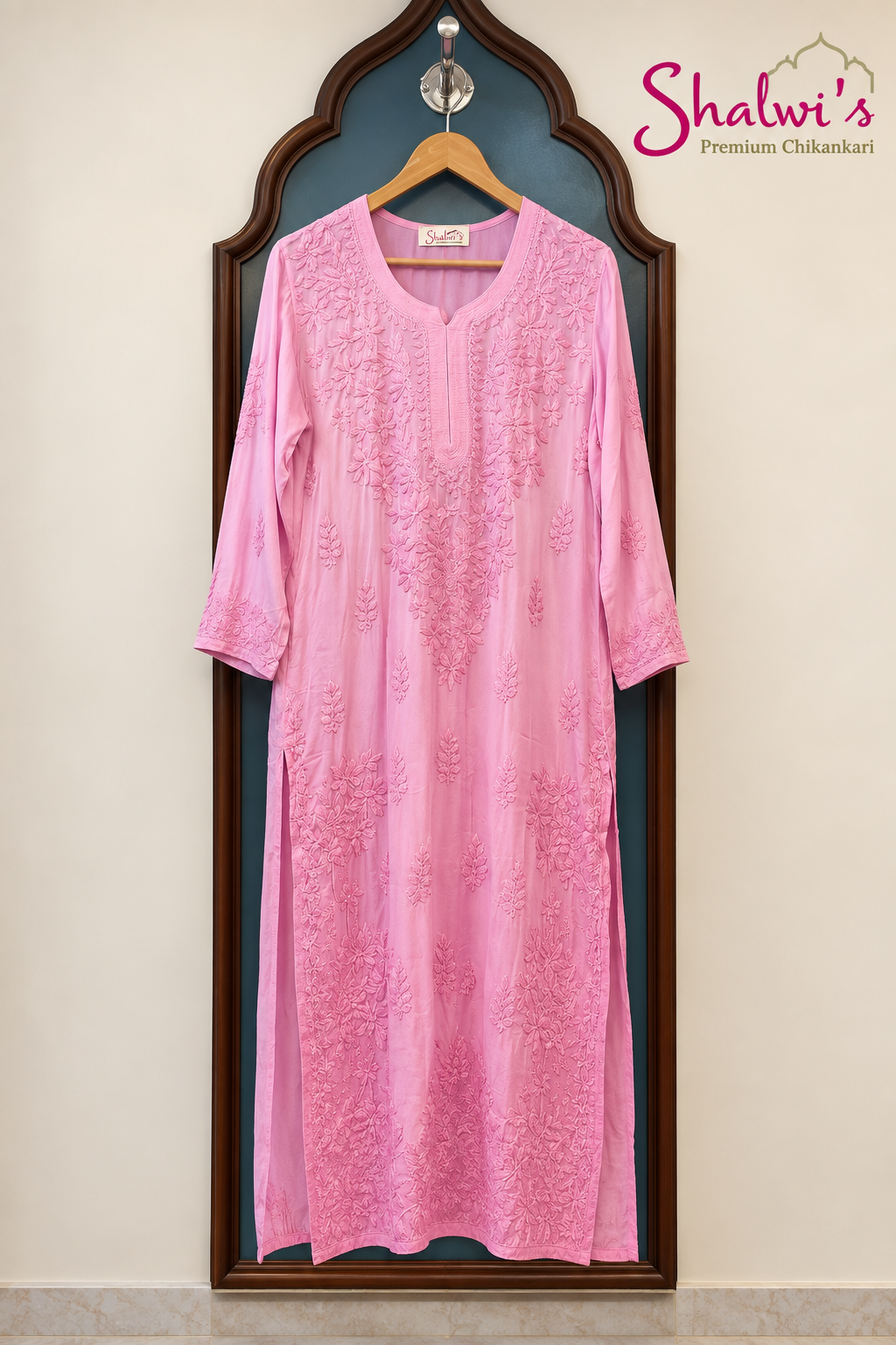 Pure Modal Satin Long Kurti with Detailed Chikankari Handwork