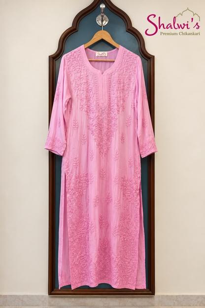 Pure Modal Satin Long Kurti with Detailed Chikankari Handwork