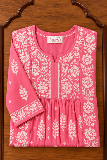 Pure Muslin Nyra Cut Kurtis with Chikankari 3D Hand work