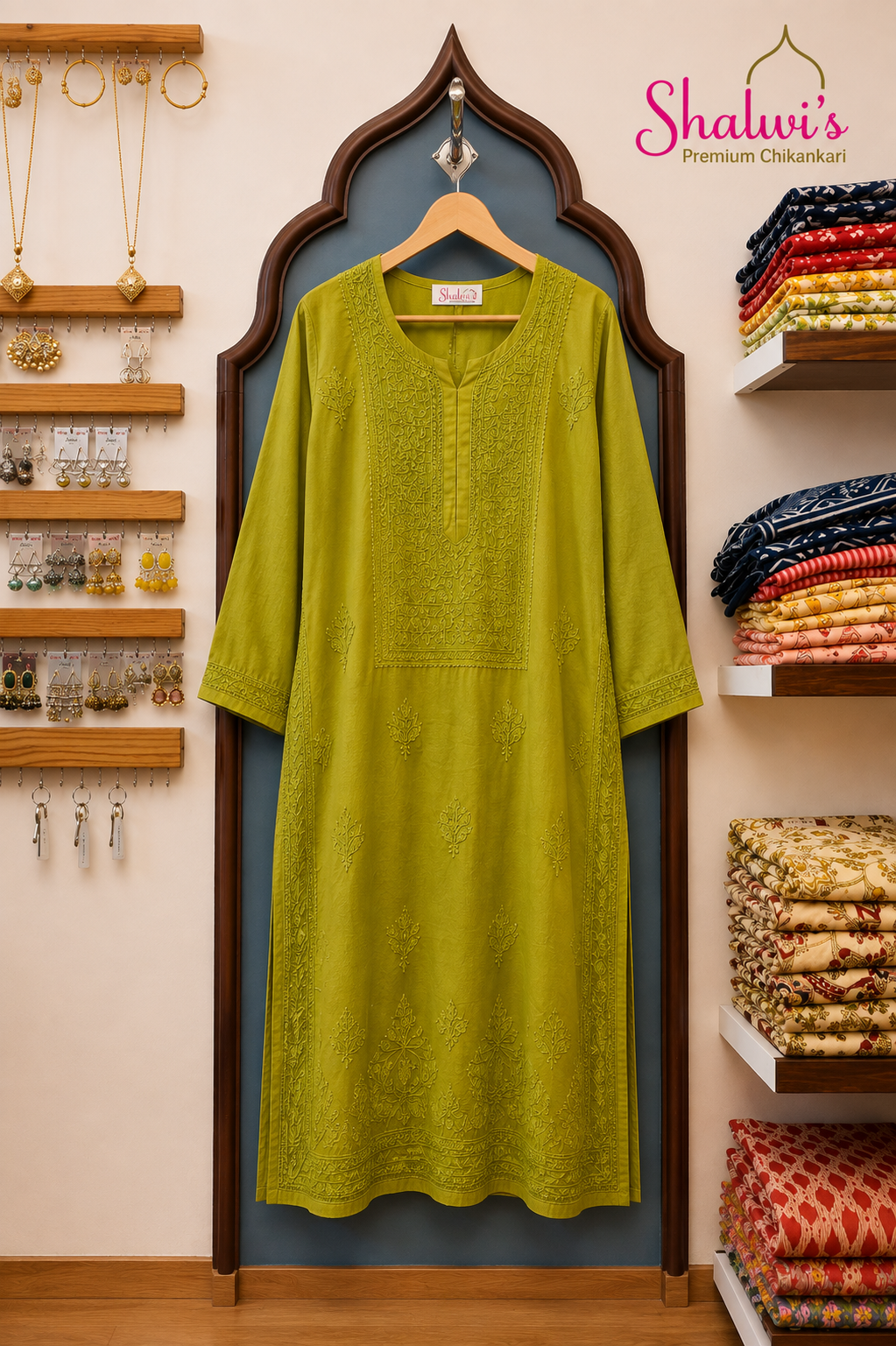 Pure Chanderi Long Kurti with Bakhiya Chikankari