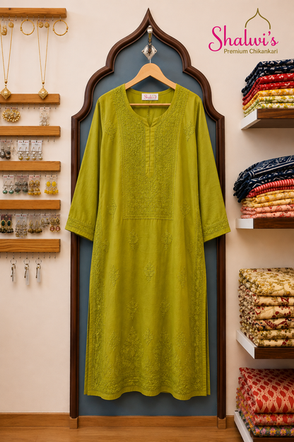 Pure Chanderi Long Kurti with Bakhiya Chikankari