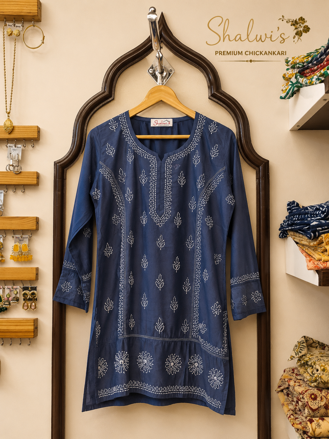Chanderi Short Kurti with Bakhiya Chikankari