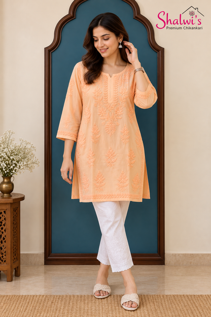 Pure Muslin Short Kurti with Detailed Chikankari Handwork