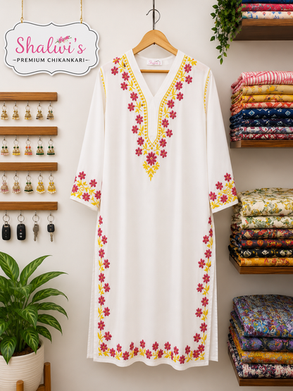White Rayon Long Kurti with Dual-Thread Chikankari