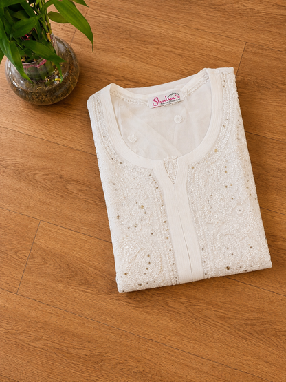 Pure Viscose White Chikankari Long Kurti