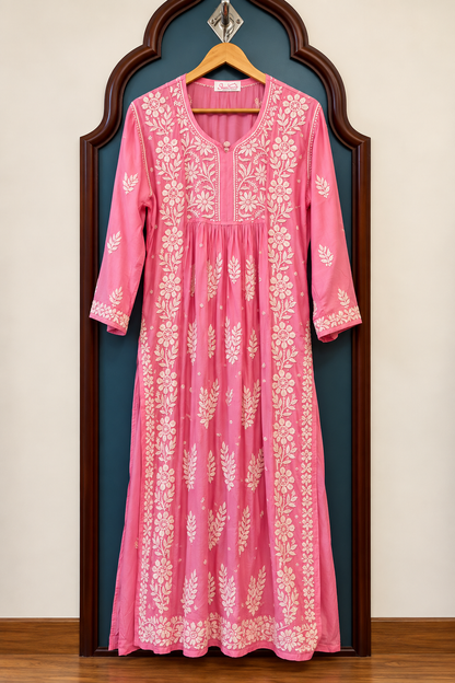 Pure Muslin Nyra Cut Kurtis with Chikankari 3D Hand work