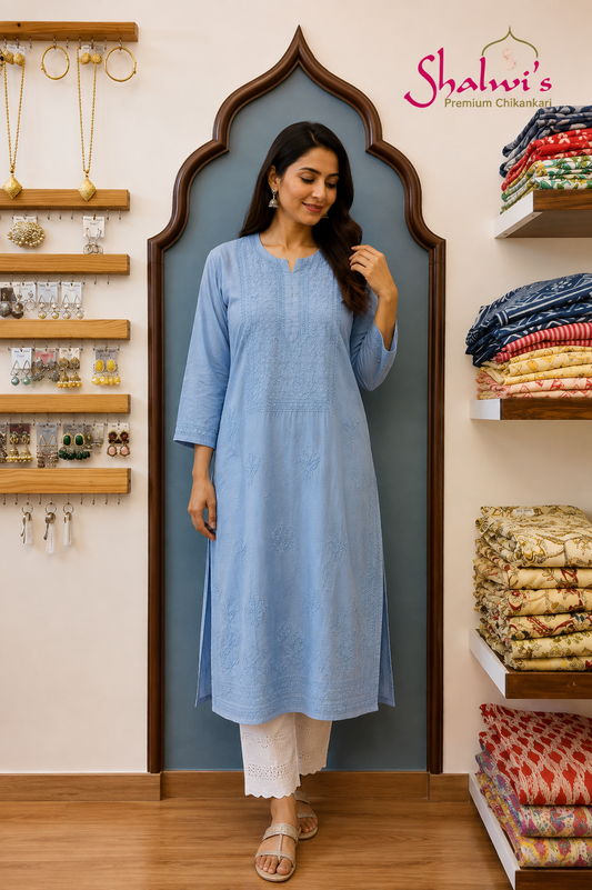 Pure Chanderi Long Kurti with Bakhiya Chikankari