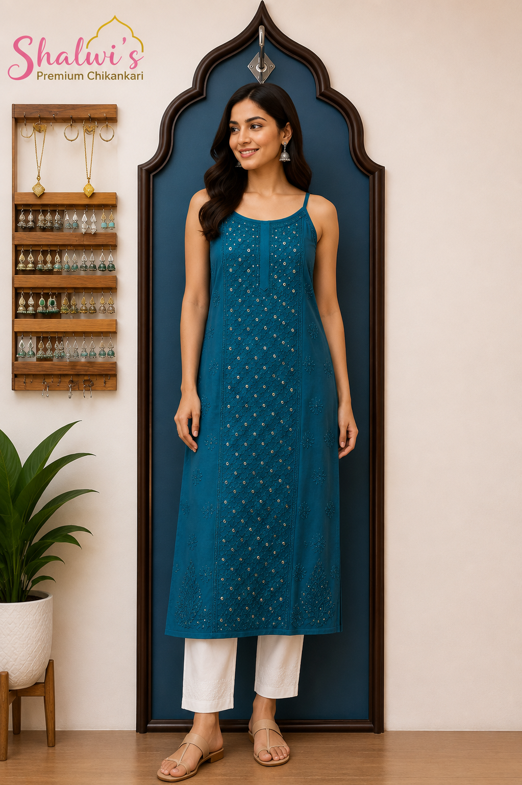 Pure Viscose Noodle Strap Long Kurti with Chikankari