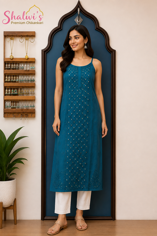 Pure Viscose Noodle Strap Long Kurti with Chikankari