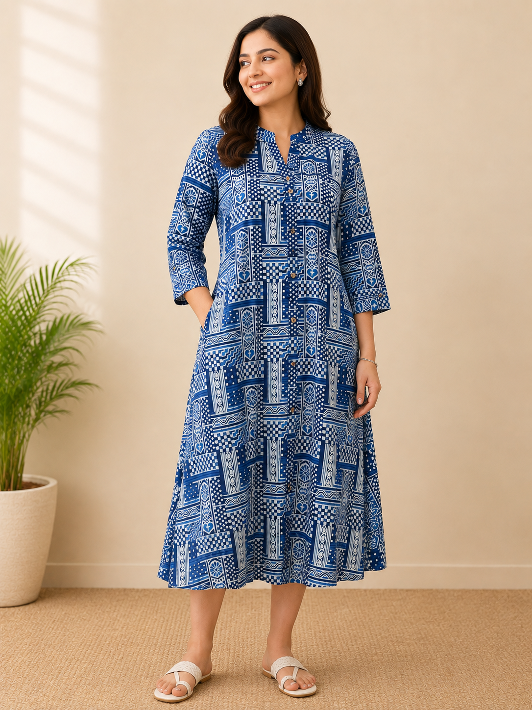 Pure Indigo Shirt Style Hand block Print One-Piece