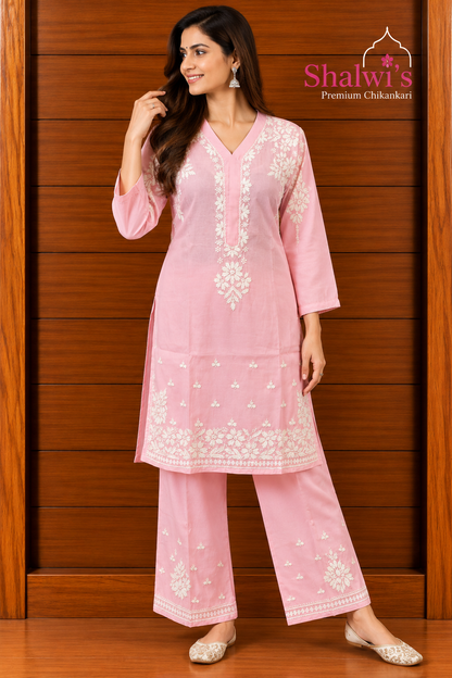 Pure Muslin Chanderi Chikankari handcrafted Coord Set