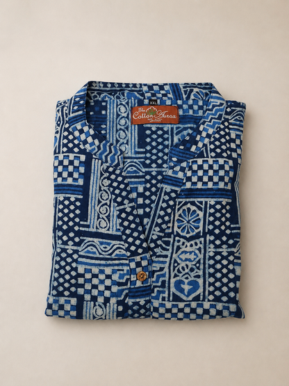 Pure Indigo Shirt Style Hand block Print One-Piece