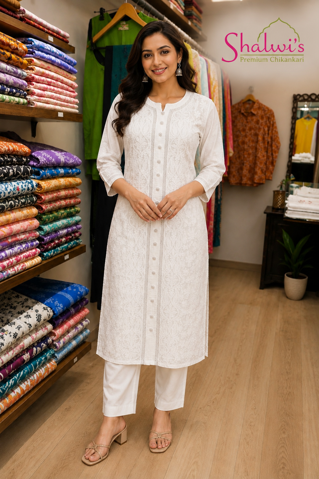 White Cotton Voile Long Kurti with Shadow Work
