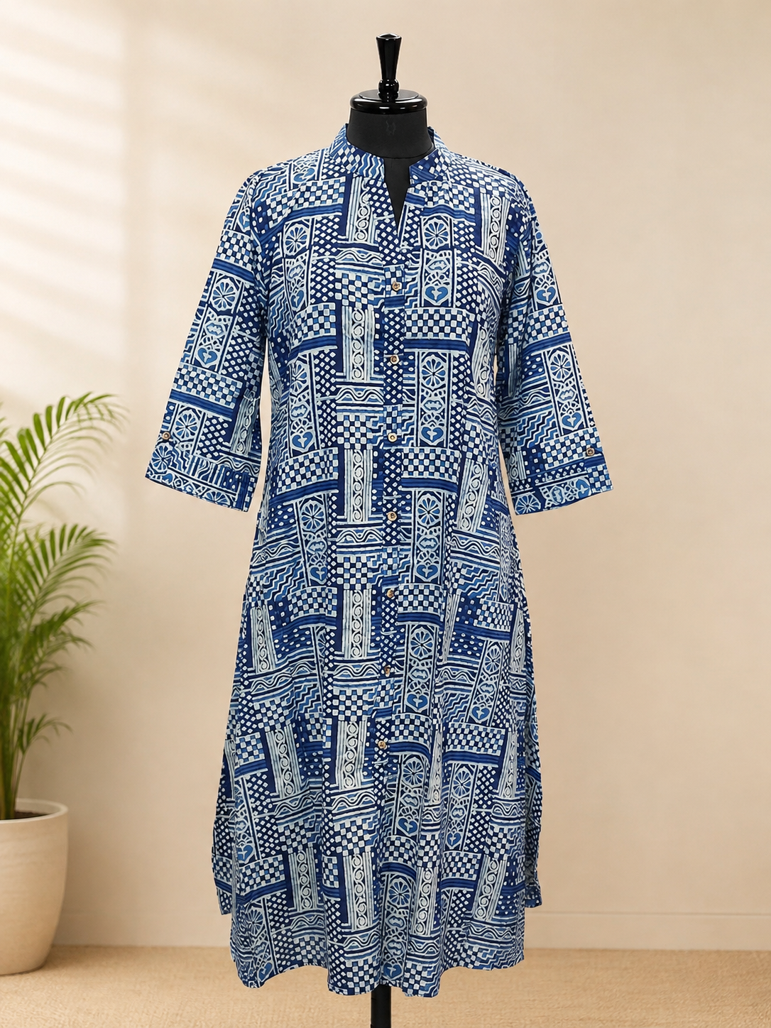 Pure Indigo Shirt Style Hand block Print One-Piece