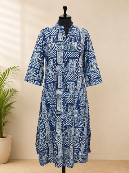 Pure Indigo Shirt Style Hand block Print One-Piece
