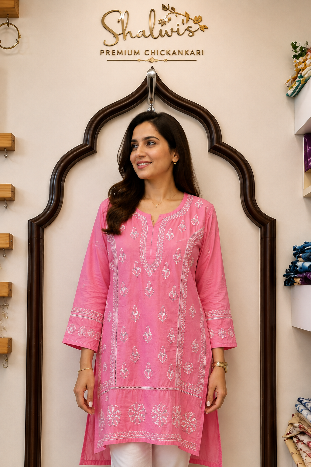 Chanderi Short Kurti with Bakhiya Chikankari