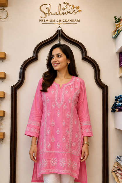 Chanderi Short Kurti with Bakhiya Chikankari